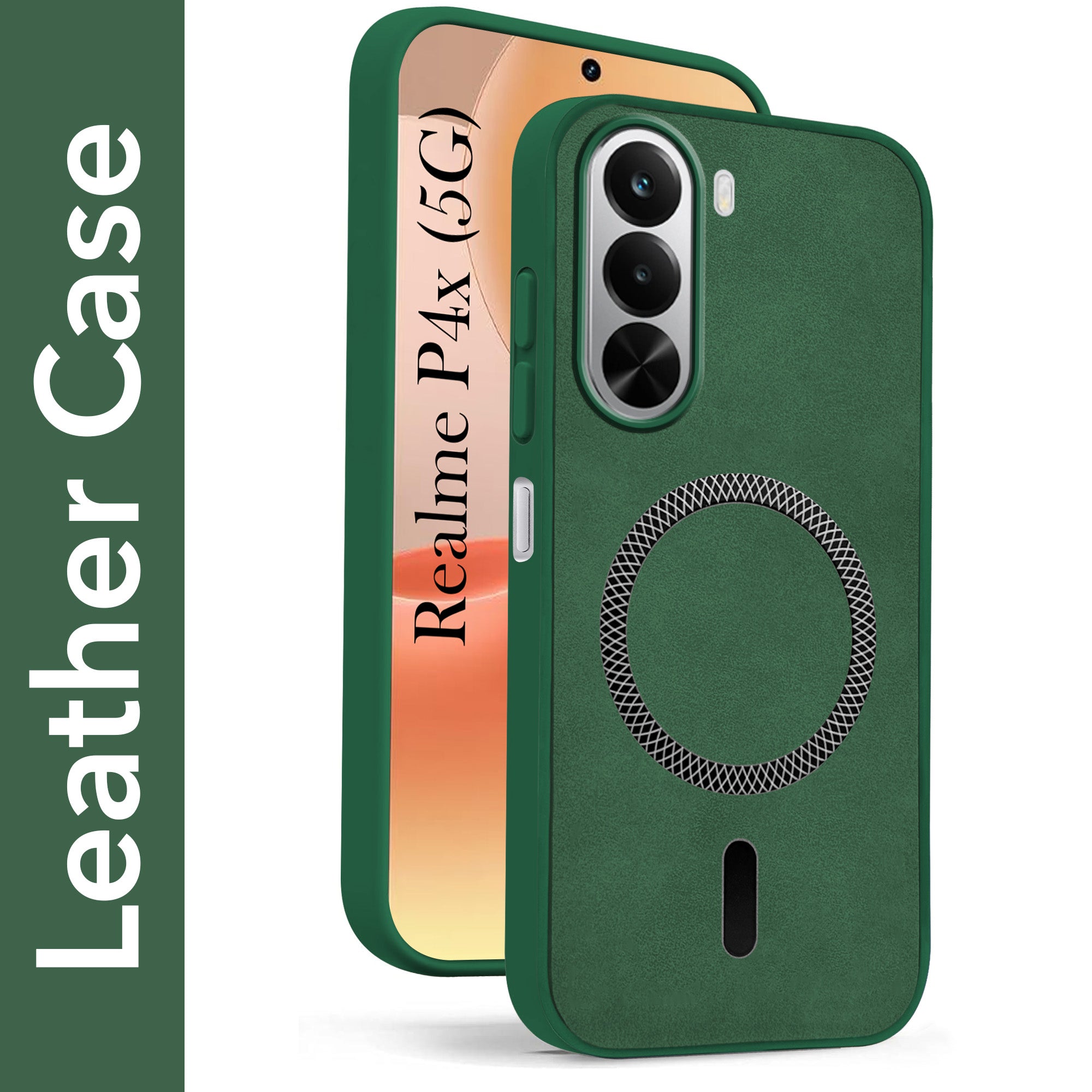 For Realme P4x Back Cover Case Leather Finish (MagSafe Compatible Wireless Charging | Soft Touch | Camera Bump Protection)