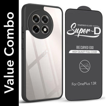 For OnePlus 13R 5G Combo with Back Cover and 9H Tempered Glass (Lifetime Anti-Yellow | Crystal Clear Shockproof | Oleophobic Coating Screen Glass)