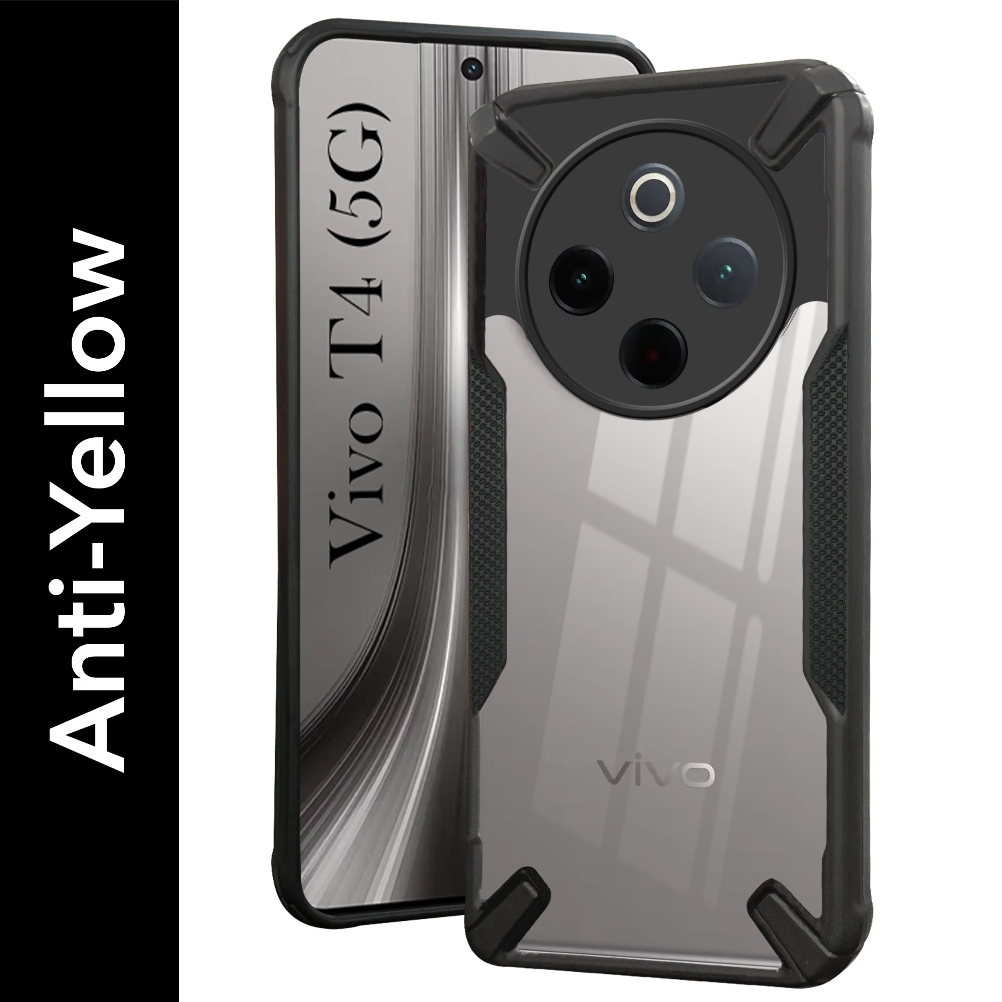 For Vivo T4 Back Cover Case (Hybrid Crystal | Ultimate Shockproof Bumpers | Anti Yellow | Rugged Armor | Black )