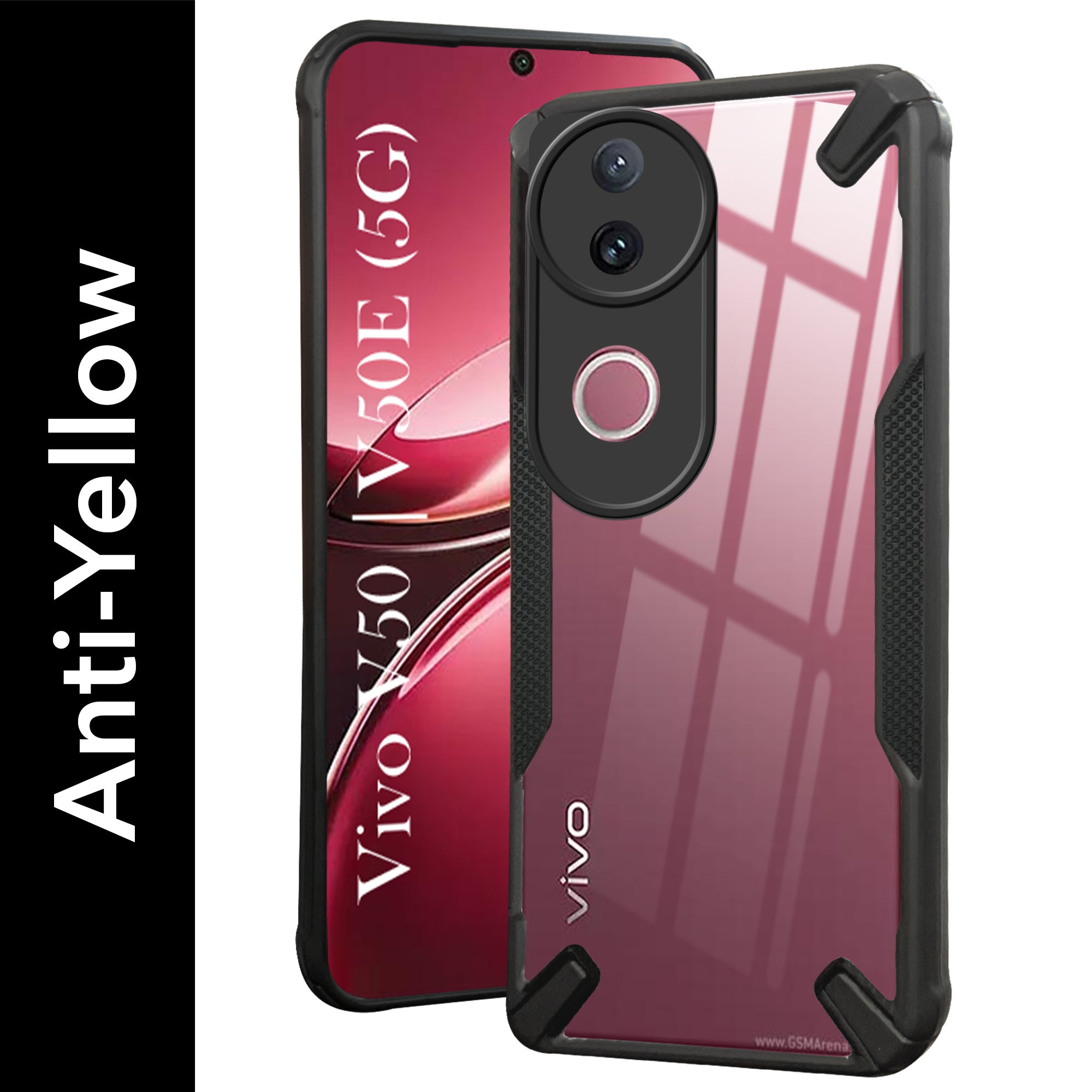 For Vivo V50 | Vivo V50e Back Cover Case (Hybrid Crystal | Ultimate Shockproof Bumpers | Anti Yellow | Rugged Armor | Black )