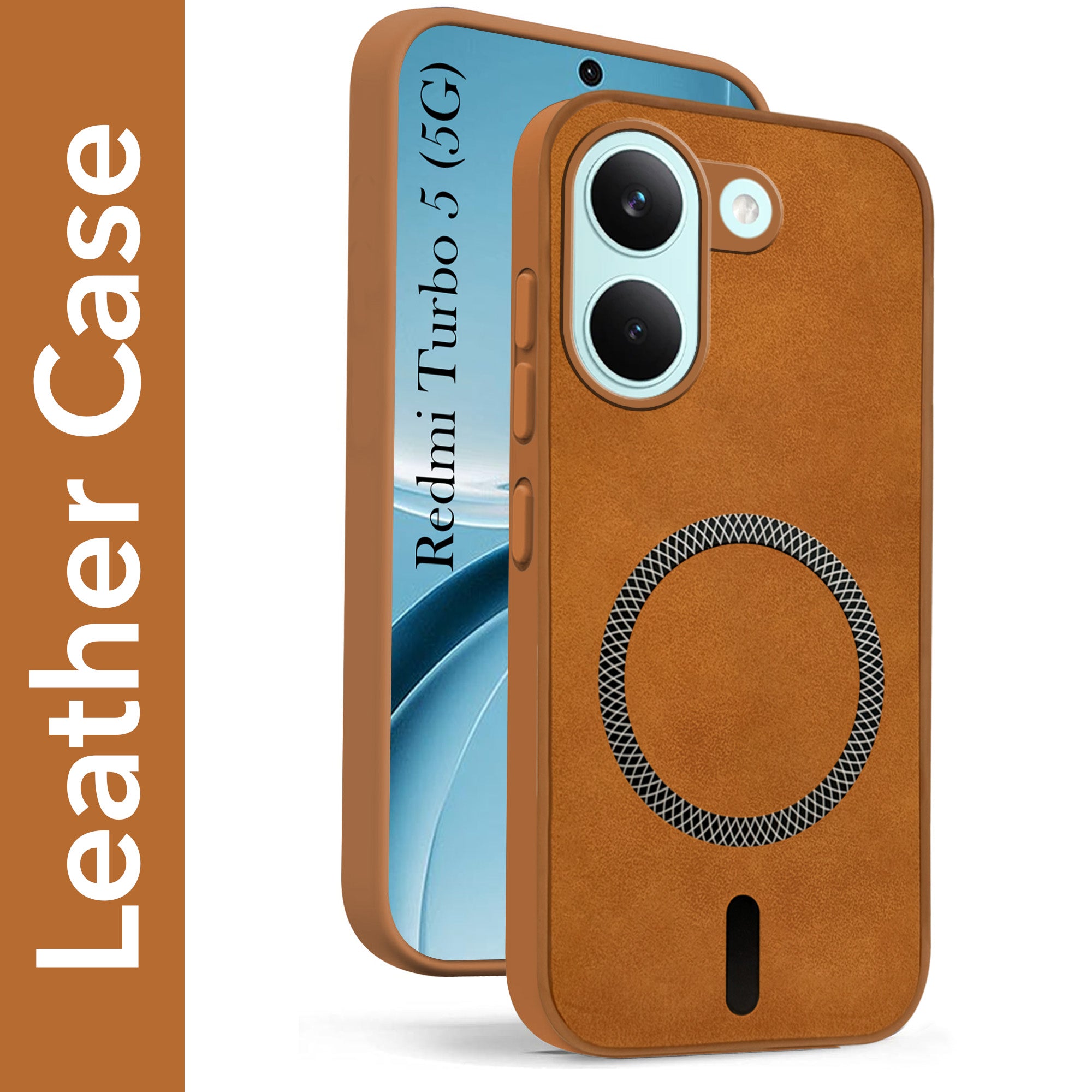 For Redmi Turbo 5 Back Cover Case Leather Finish (MagSafe Compatible Wireless Charging | Soft Touch | Camera Bump Protection)