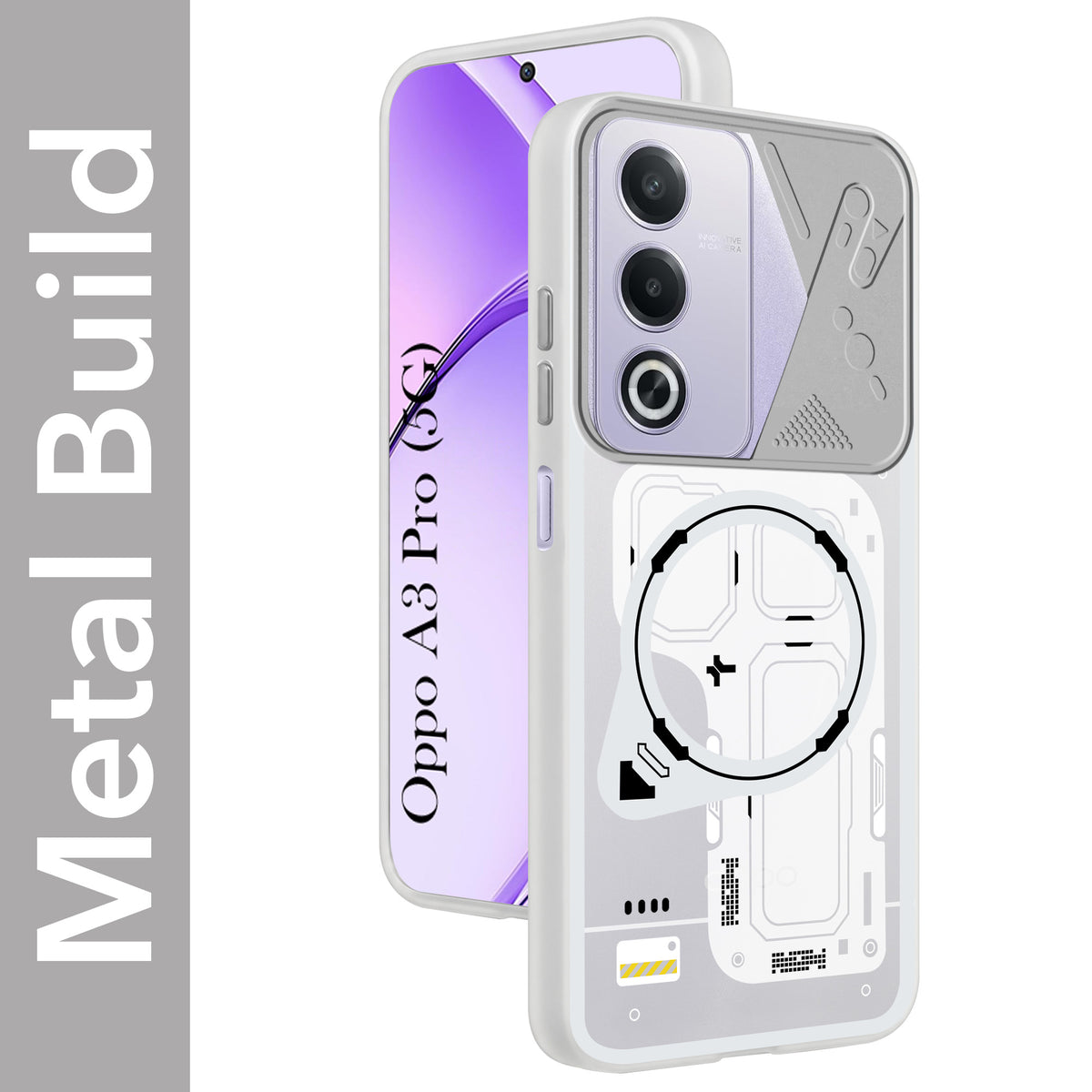 For Oppo A3 Pro 5G Metallic Back Cover Case (Metallic Camera Protection & Buttons | Translucent Milky Shade | Hard Polycarbonate)