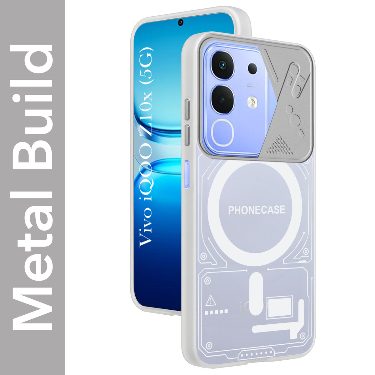 For Vivo iQOO Z10x Metallic Back Cover Case (Metallic Camera Protection & Buttons | Translucent Milky Shade | Hard Polycarbonate)