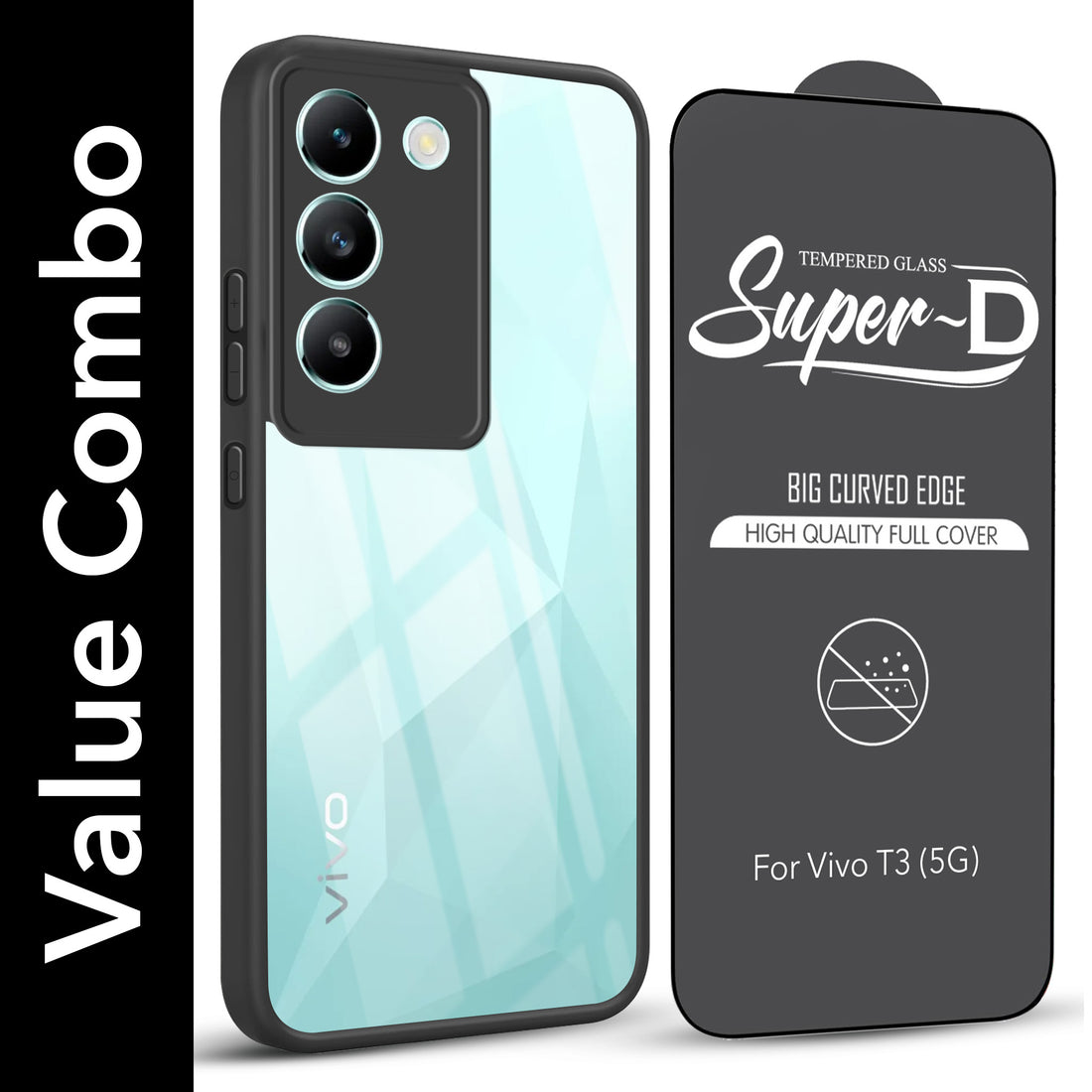 For Vivo T3 5G Combo with Back Cover and 9H Tempered Glass (Lifetime Anti-Yellow | Crystal Clear Shockproof | Oleophobic Coating Screen Glass)