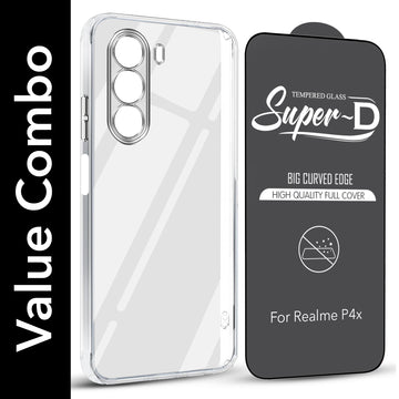 For Realme P4x Combo with Back Cover and 9H Tempered Glass (Lifetime Anti-Yellow | Sleek Hard Crystal | Oleophobic Coating Screen Glass)