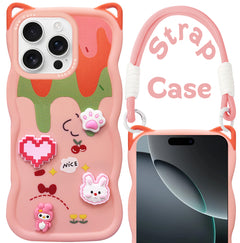 For Apple iPhone 16 Pro Max Back Case Cover Strap (3D Embossed Figures | Strap Holder | 360* Soft Cushion with Camera Bump)