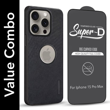For Apple iPhone 15 Pro Max Combo (Textured Grip Design | Micro-Fiber Cloth Inside | Oleophobic Coating Screen Glass)