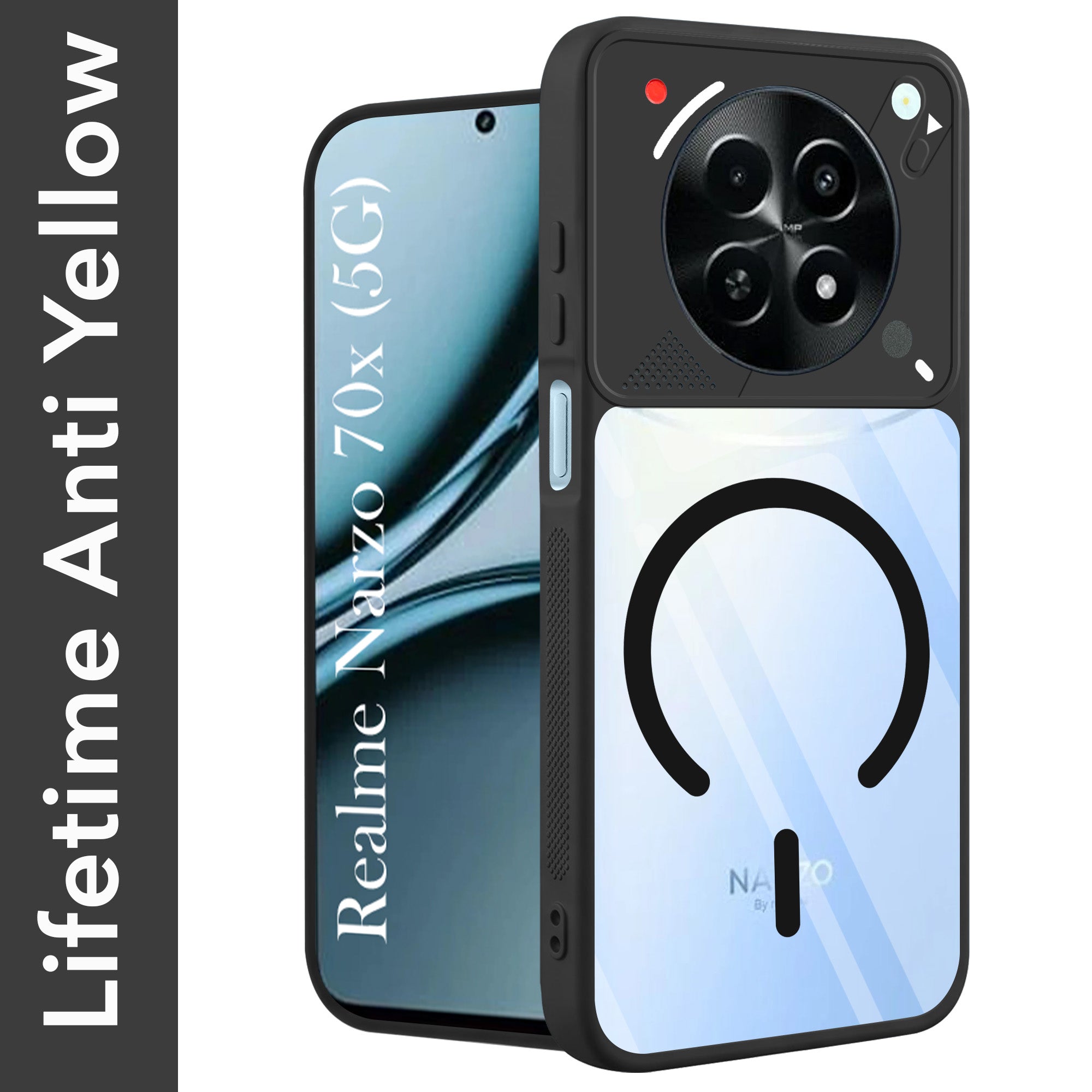 For Realme Narzo 70x 5G Back Cover Case Lifetime Anti-Yellow Clear (Camera Protection | Side Grip | Wireless MagSafe Compatible)