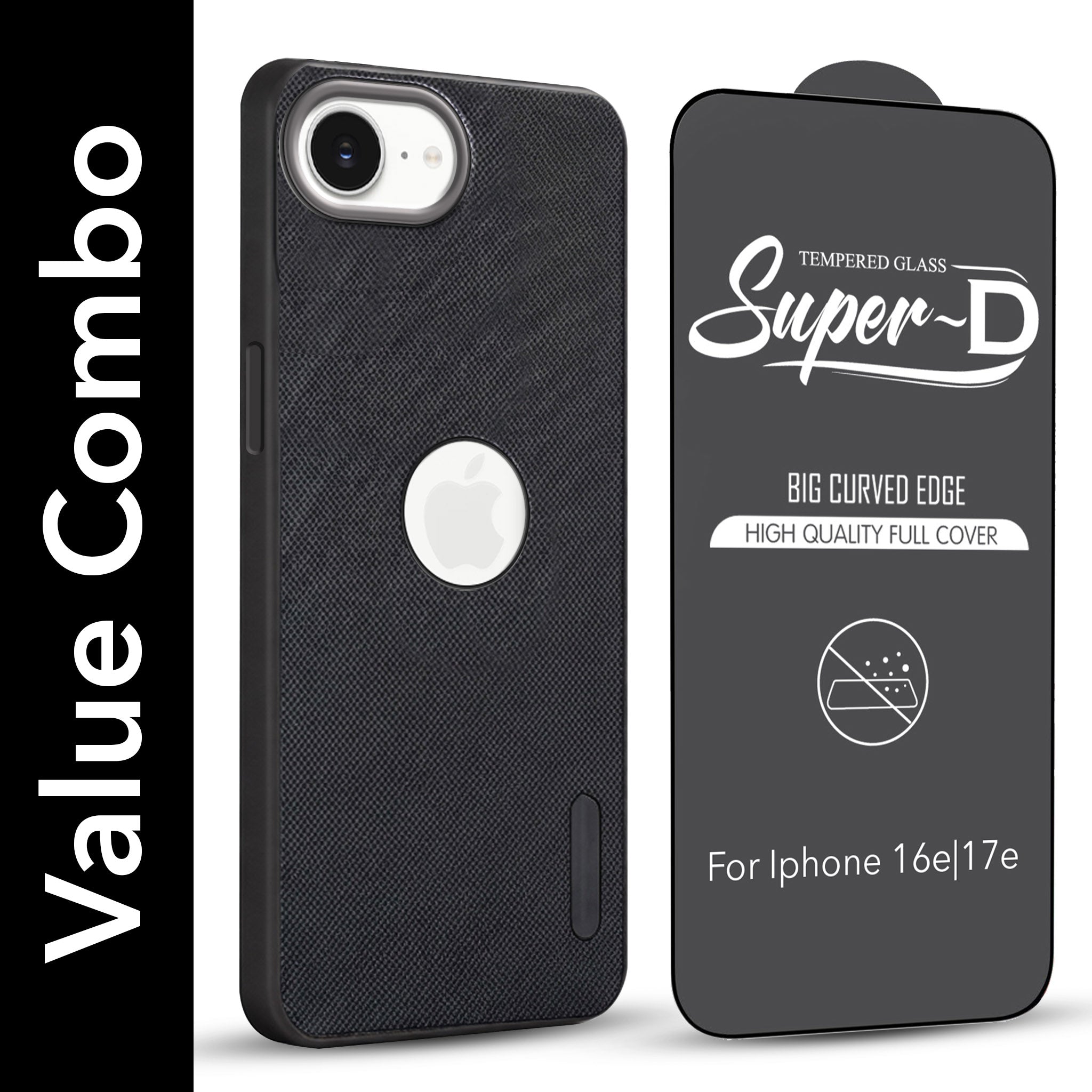 For Apple iPhone 16e | iPhone 17e Combo with Back Cover and 9H Tempered Glass (Textured Grip Design | Micro-Fiber Cloth Inside | Oleophobic Coating Screen Glass)