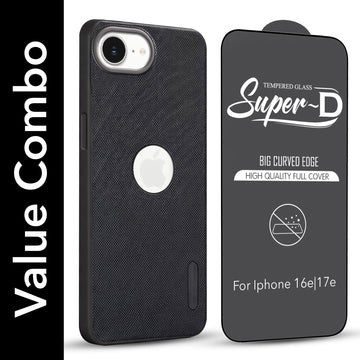 For Apple iPhone 16e | iPhone 17e Combo with Back Cover and 9H Tempered Glass (Textured Grip Design | Micro-Fiber Cloth Inside | Oleophobic Coating Screen Glass)