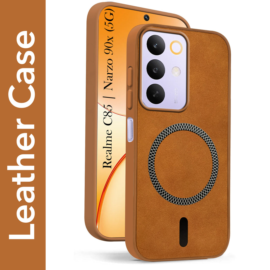 For Realme C85 5G | Realme Narzo 90x Back Cover Case Leather Finish (MagSafe Compatible Wireless Charging | Soft Touch | Camera Bump Protection)