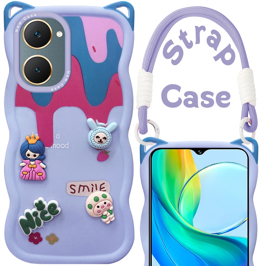 For Vivo Y18 | Y18e | Y03 | Y18i | Y18t Back Case Cover Strap (3D embossed Figures | Strap Holder | 360* Soft Cushion with Camera Bump)