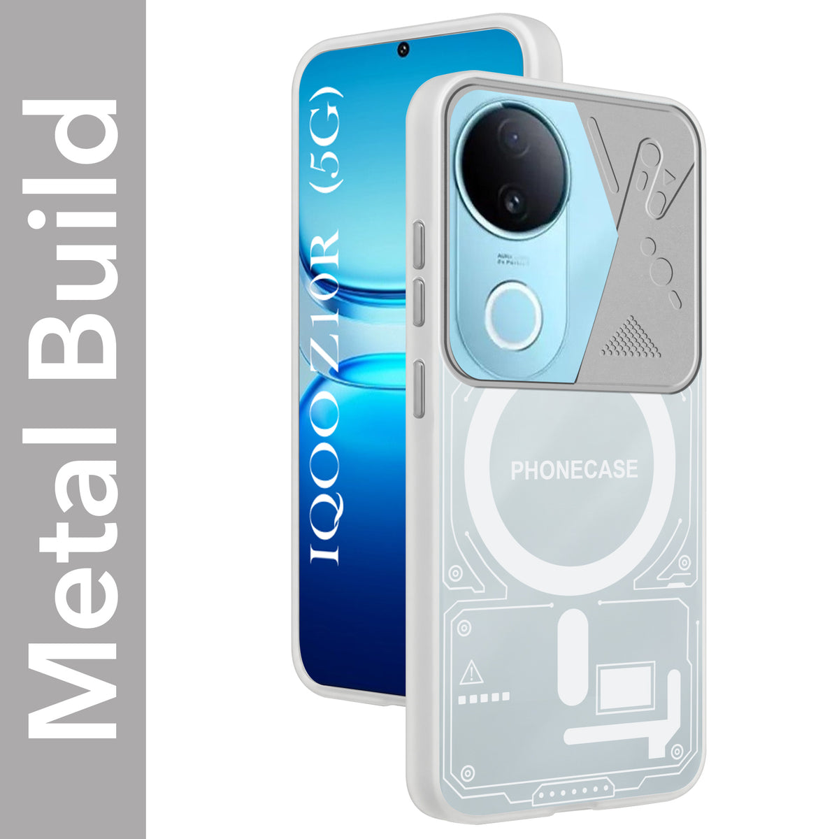 For Vivo iQOO Z10R Metallic Back Cover Case (Metallic Camera Protection & Buttons | Translucent Milky Shade | Hard Polycarbonate)