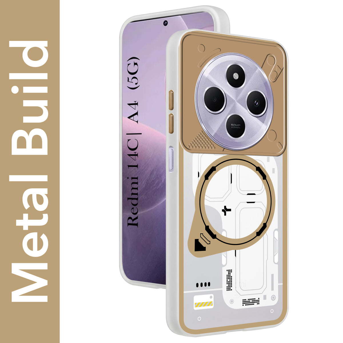 For Redmi A4 5G | Xiaomi Redmi 14C Metallic Back Cover Case (Metallic Camera Protection & Buttons | Translucent Milky Shade | Hard Polycarbonate)