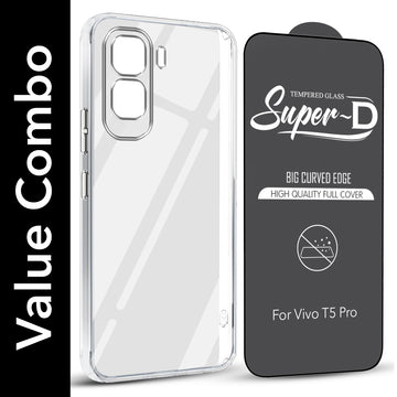 For Vivo T5 Pro 5G Combo with Back Cover and 9H Tempered Glass (Lifetime Anti-Yellow | Sleek Hard Crystal | Oleophobic Coating Screen Glass)