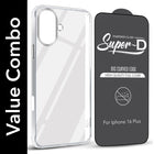 For Apple iPhone 16 Plus Combo with Back Cover and 9H Tempered Glass (Lifetime Anti-Yellow | Sleek Hard Crystal | Oleophobic Coating Screen Glass)