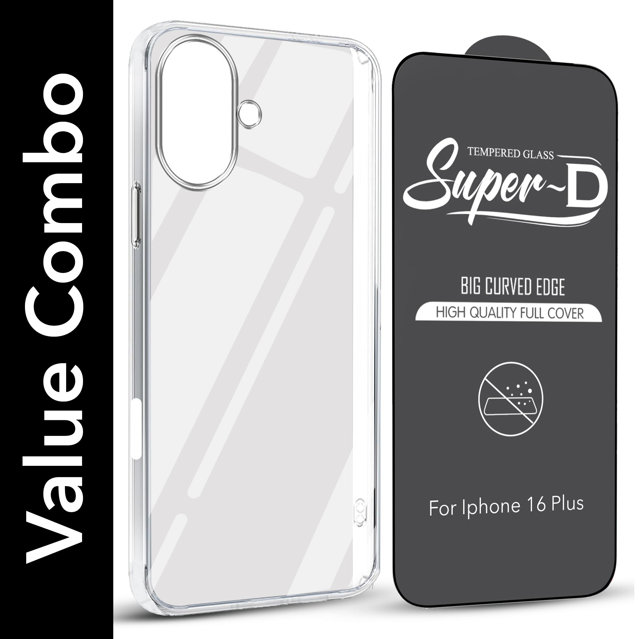 For Apple iPhone 16 Plus Combo with Back Cover and 9H Tempered Glass (Lifetime Anti-Yellow | Sleek Hard Crystal | Oleophobic Coating Screen Glass)