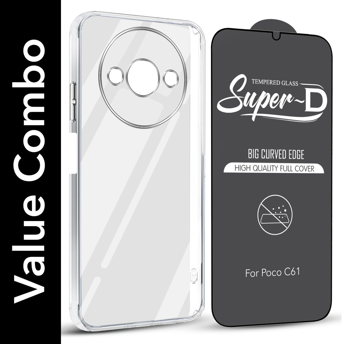 For Xiaomi Poco C61 Combo with Back Cover and 9H Tempered Glass (Lifetime Anti-Yellow | Sleek Hard Crystal | Oleophobic Coating Screen Glass)