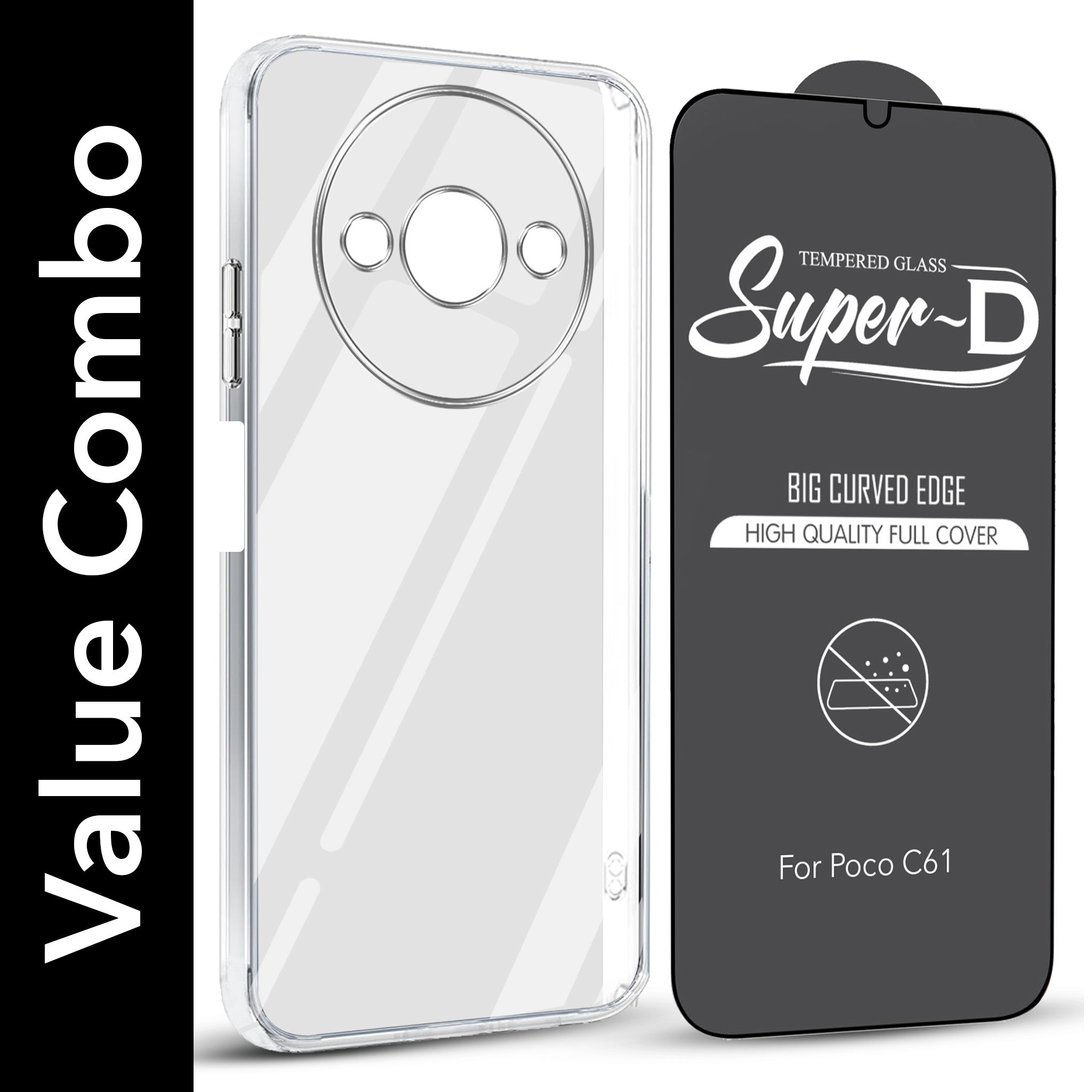 For Xiaomi Poco C61 Combo with Back Cover and 9H Tempered Glass (Lifetime Anti-Yellow | Sleek Hard Crystal | Oleophobic Coating Screen Glass)