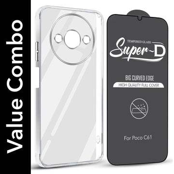 For Xiaomi Poco C61 Combo with Back Cover and 9H Tempered Glass (Lifetime Anti-Yellow | Sleek Hard Crystal | Oleophobic Coating Screen Glass)