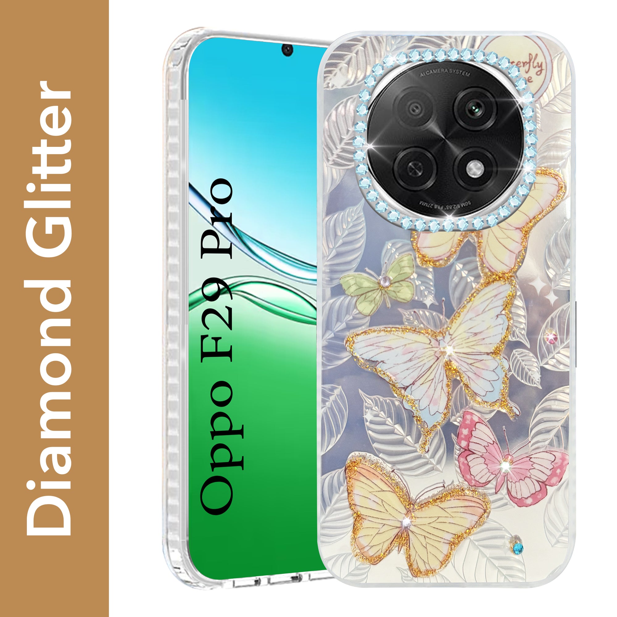 For Oppo F29 Pro Back Cover Case  (Luxury Floral Glitter Cute Butterfly | Diamond Studded Camera Bump | Girls & Women Design)