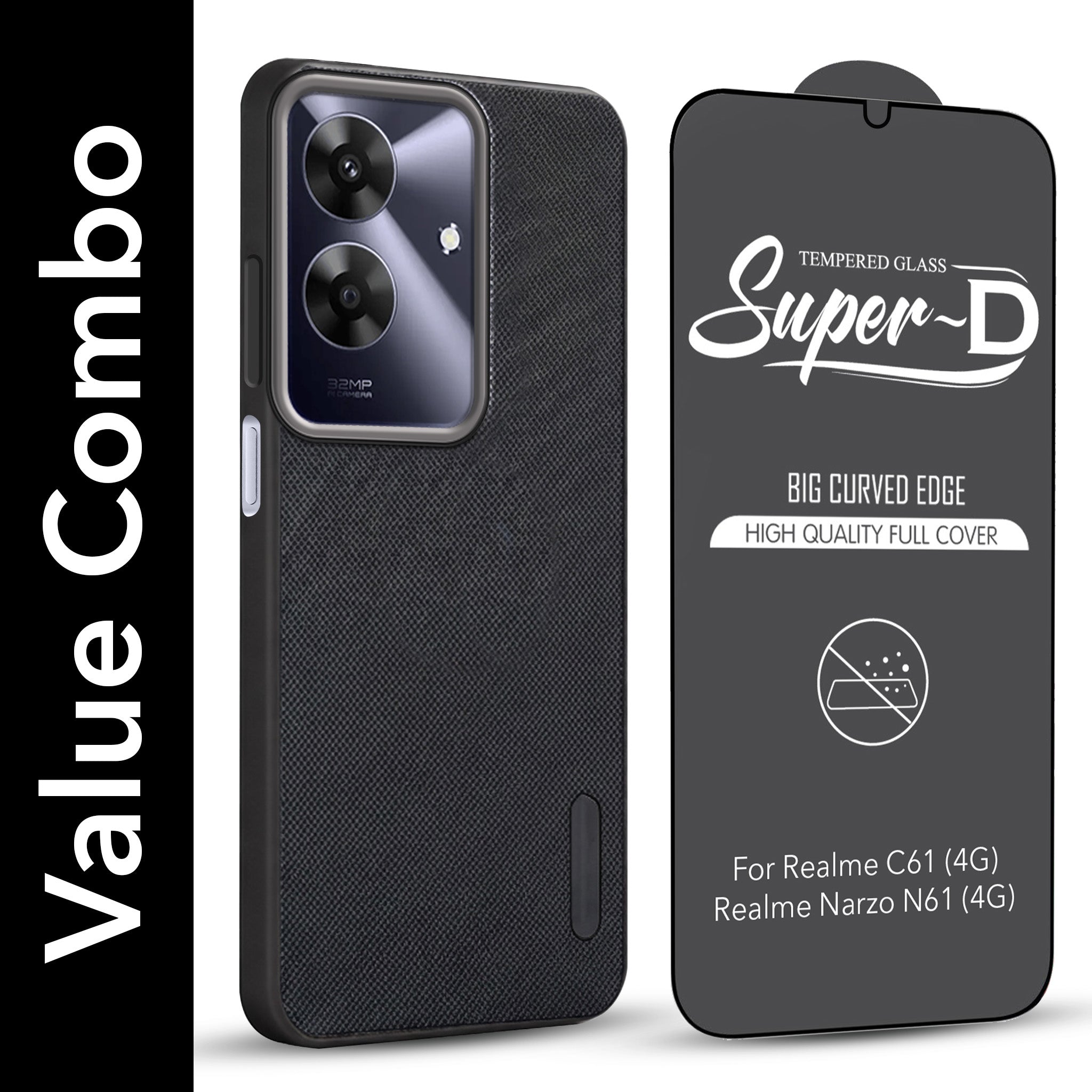 For Realme C61 | Realme Narzo N61 Combo with Back Cover and 9H Tempered Glass (Textured Grip Design | Micro-Fiber Cloth Inside | Oleophobic Coating Screen Glass)