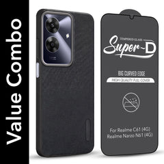 For Realme C61 | Realme Narzo N61 Combo with Back Cover and 9H Tempered Glass (Textured Grip Design | Micro-Fiber Cloth Inside | Oleophobic Coating Screen Glass)
