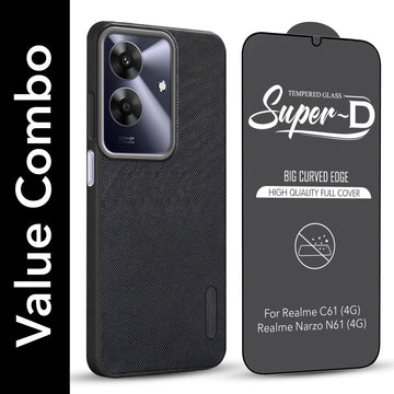 For Realme C61 | Realme Narzo N61 Combo with Back Cover and 9H Tempered Glass (Textured Grip Design | Micro-Fiber Cloth Inside | Oleophobic Coating Screen Glass)