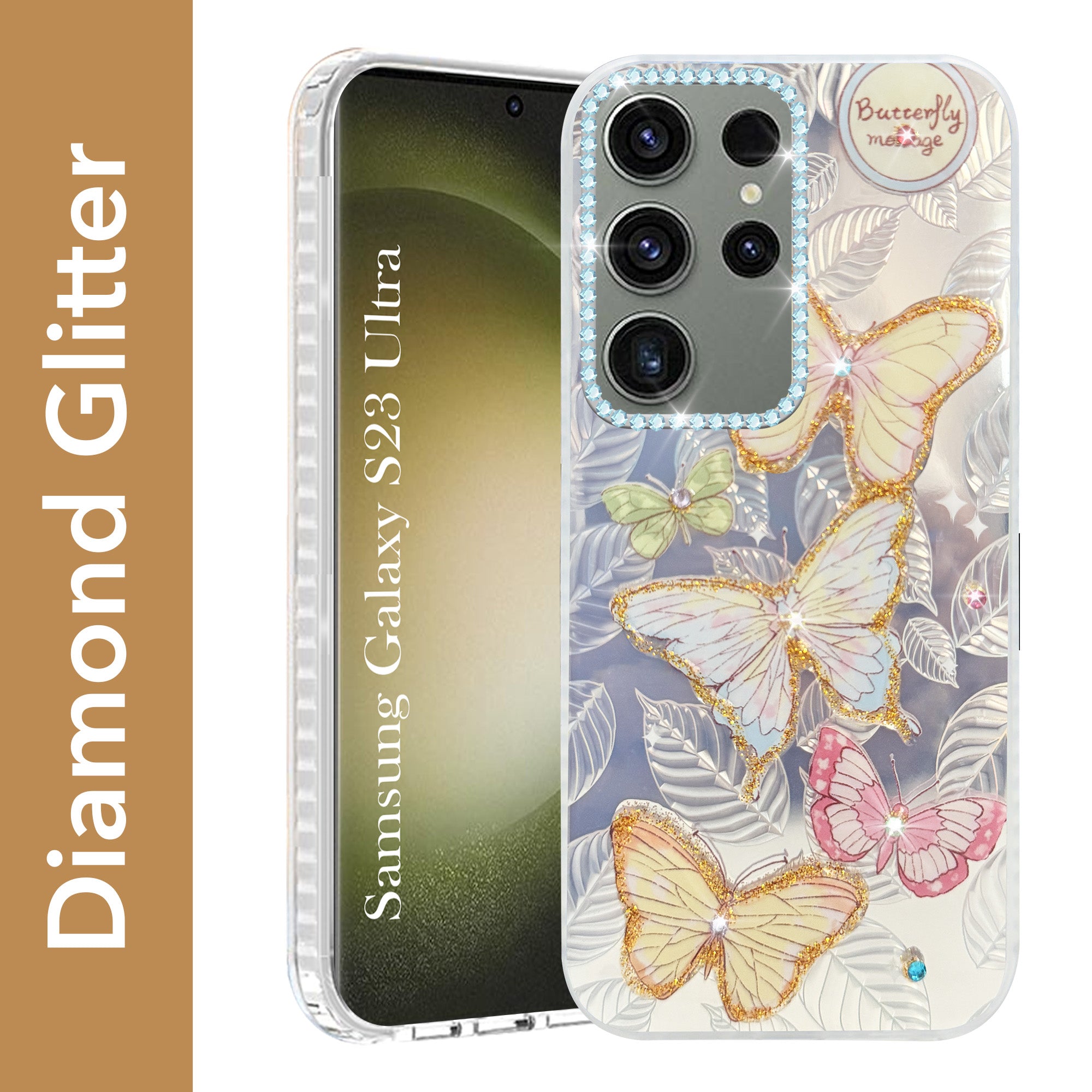 For Samsung Galaxy S23 Ultra Back Cover Case (Luxury Floral Glitter Cute Butterfly | Diamond Studded Camera Bump | Girls & Women Design)
