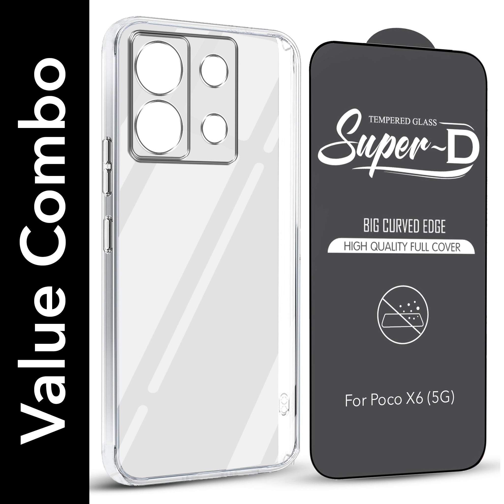 For Poco X6 5G Combo with Back Cover and 9H Tempered Glass (Lifetime Anti-Yellow | Sleek Hard Crystal | Oleophobic Coating Screen Glass)