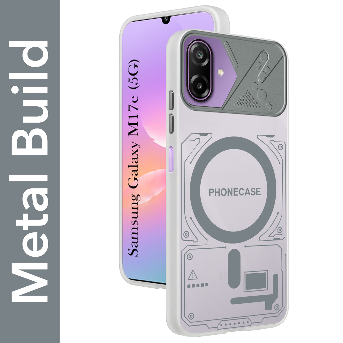 For Samsung Galaxy M17e Metallic Back Cover Case (Metallic Camera Protection & Buttons | Translucent Milky Shade | Hard Polycarbonate)
