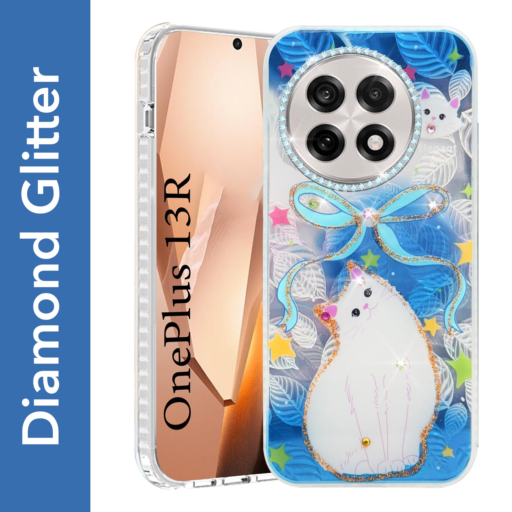 For OnePlus 13R Back Cover Case (Luxury Floral Glitter Cute Butterfly | Diamond Studded Camera Bump | Girls & Women Design)