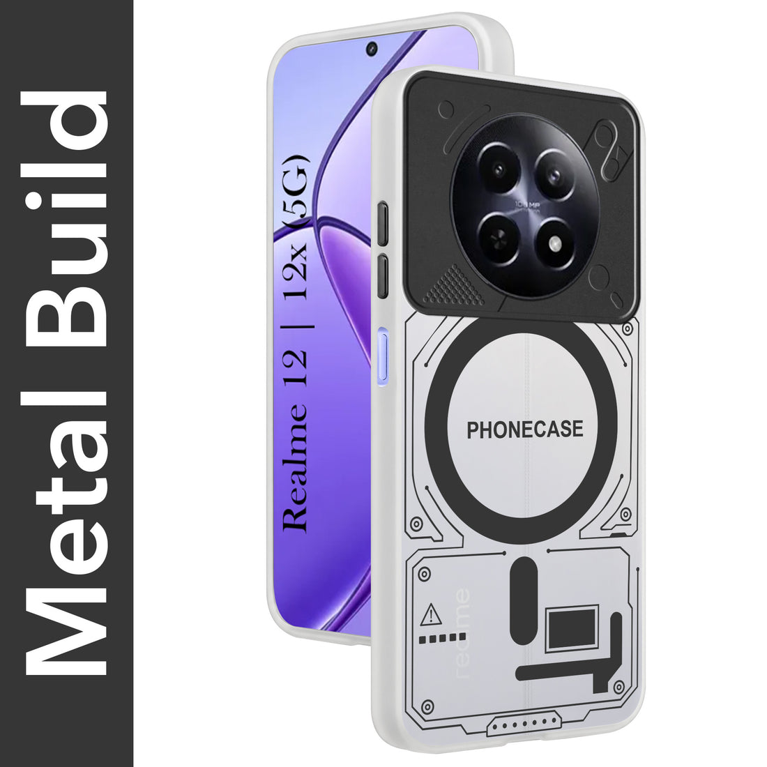 For Realme 12 | Realme 12X Metallic Back Cover Case (Metallic Camera Protection & Buttons | Translucent Milky Shade | Hard Polycarbonate)