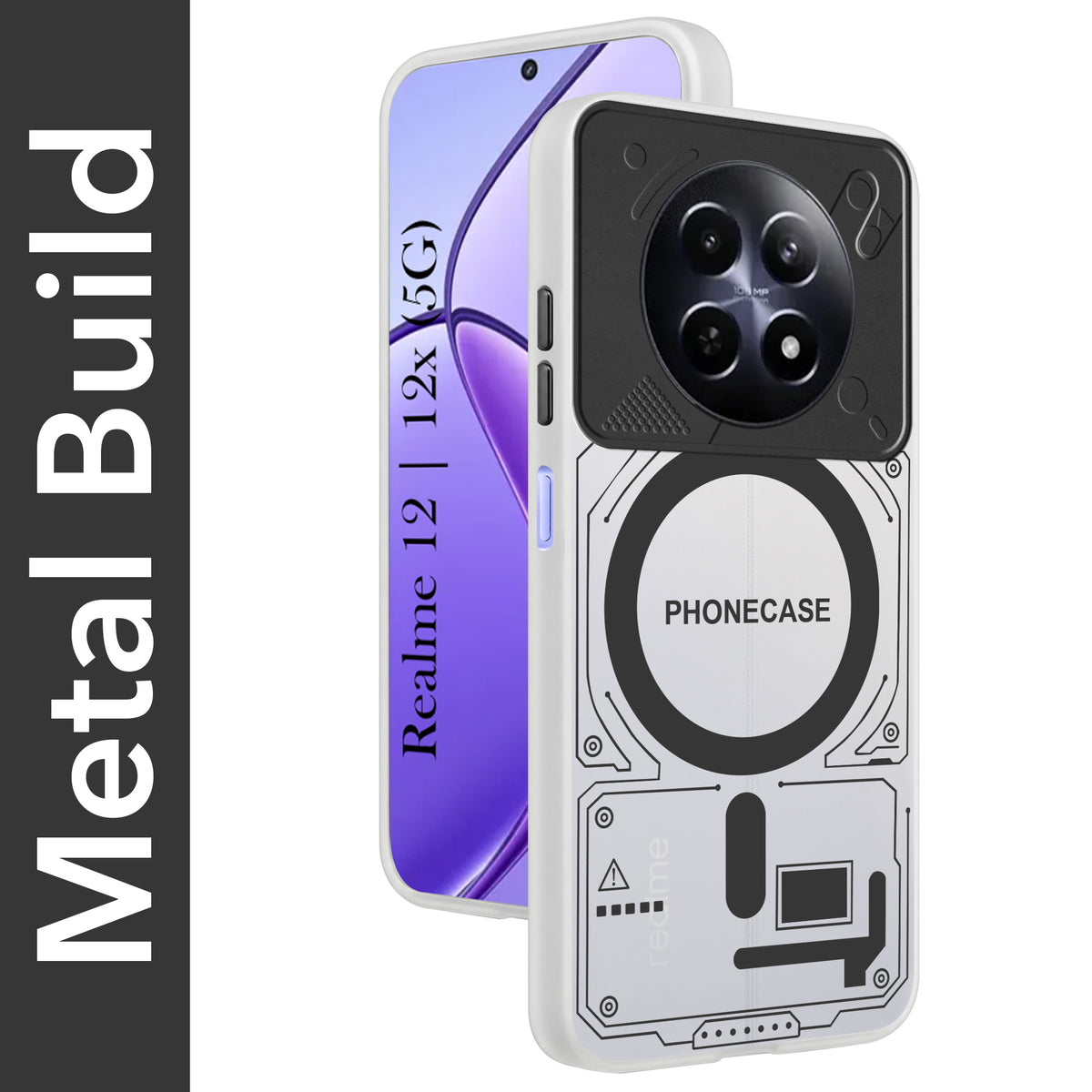 For Realme 12 | Realme 12X Metallic Back Cover Case (Metallic Camera Protection & Buttons | Translucent Milky Shade | Hard Polycarbonate)