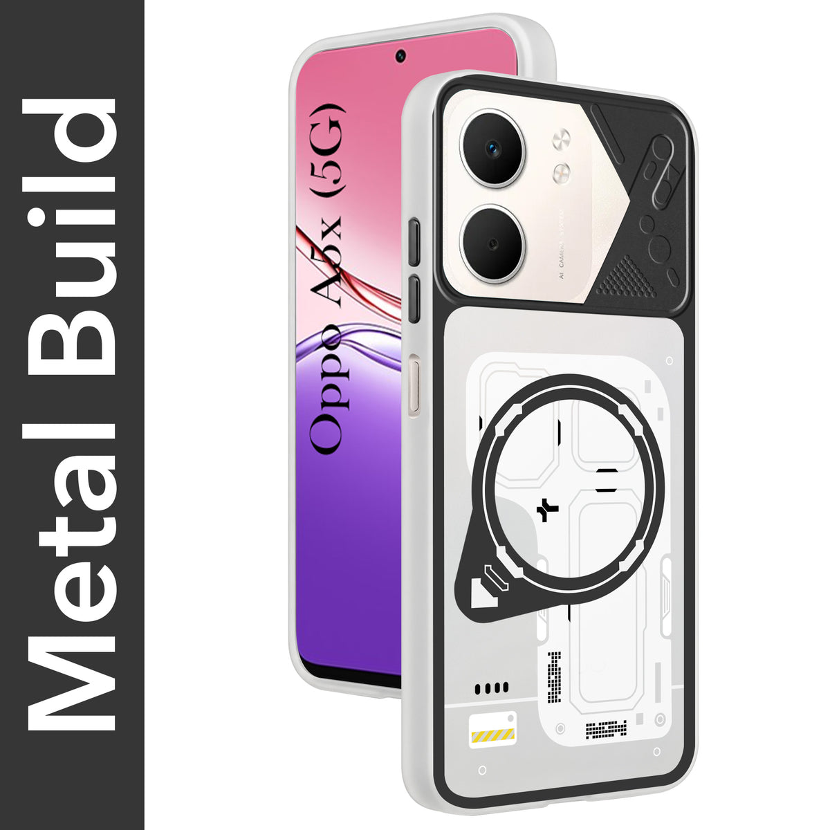For Oppo A5X Metallic Back Cover Case (Metallic Camera Protection & Buttons | Translucent Milky Shade | Hard Polycarbonate)