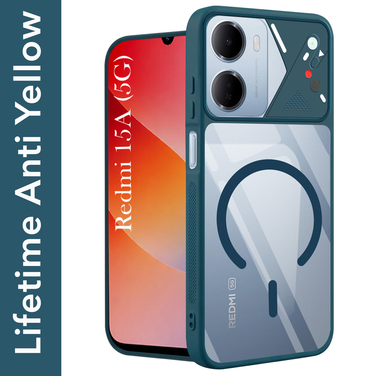 For Redmi 15A 5G Back Cover Case Lifetime Anti-Yellow Clear (Camera Protection | Side Grip | Wireless MagSafe Compatible)