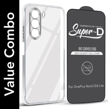 For OnePlus Nord CE 6 Lite Combo with Back Cover and 9H Tempered Glass (Lifetime Anti-Yellow | Sleek Hard Crystal | Oleophobic Coating Screen Glass)