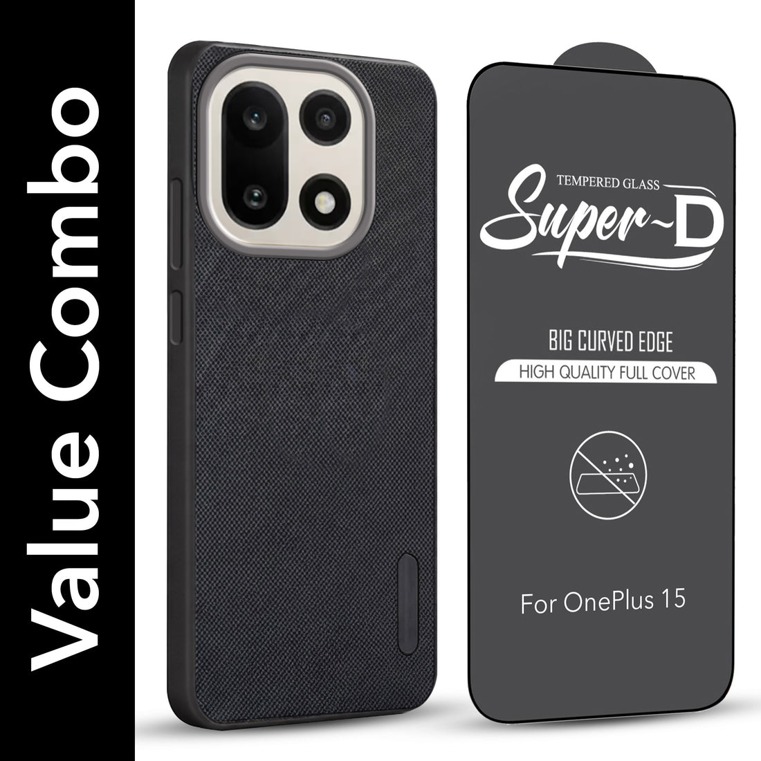 For OnePlus 15 5G Combo with Back Cover and 9H Tempered Glass (Textured Grip Design | Micro-Fiber Cloth Inside | Oleophobic Coating Screen Glass)
