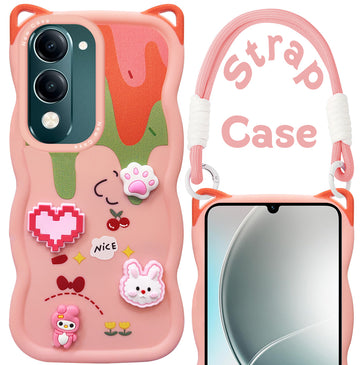 For Vivo Y19 | Vivo Y19e | Vivo T4 Lite Back Case Cover Strap (3D Embossed Figures | Strap Holder | 360* Soft Cushion with Camera Bump)