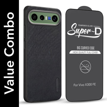 For Vivo X300 FE Combo with Back Cover and 9H Tempered Glass (Textured Grip Design | Micro-Fiber Cloth Inside | Oleophobic Coating Screen Glass)