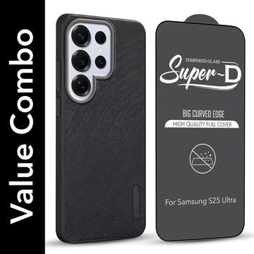 For Samsung Galaxy S25 Ultra Combo (Textured Grip Design | Micro-Fiber Cloth Inside | Oleophobic Coating Screen Glass)