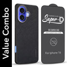 For Apple iPhone 16 Combo with Back Cover and 9H Tempered Glass (Textured Grip Design | Micro-Fiber Cloth Inside | Oleophobic Coating Screen Glass)