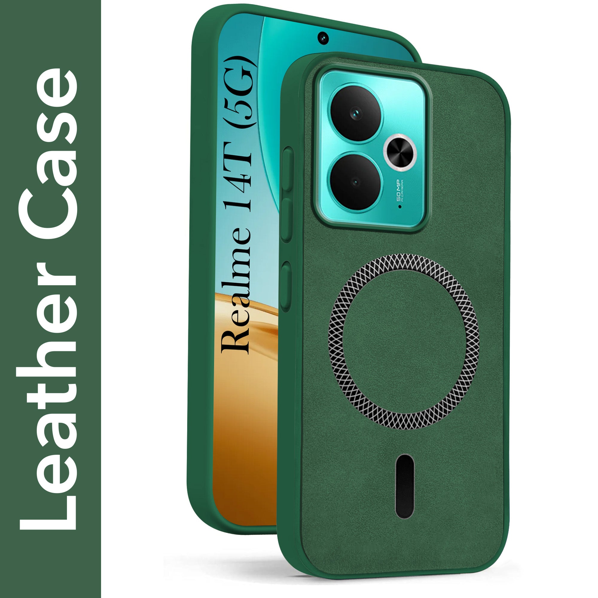 For Realme 14T Back Cover Case Leather Finish (MagSafe Compatible Wireless Charging | Soft Touch | Camera Bump Protection)