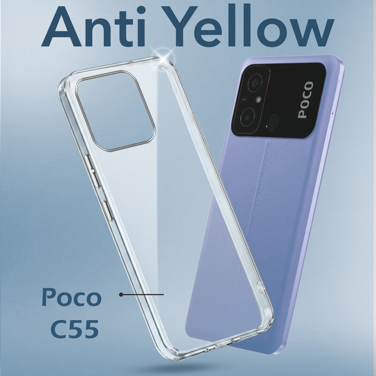 For Poco C55 Back Cover Case Lifetime Anti-Yellow Clear (Sleek Hard Crystal | Shockproof and Camera Protection)