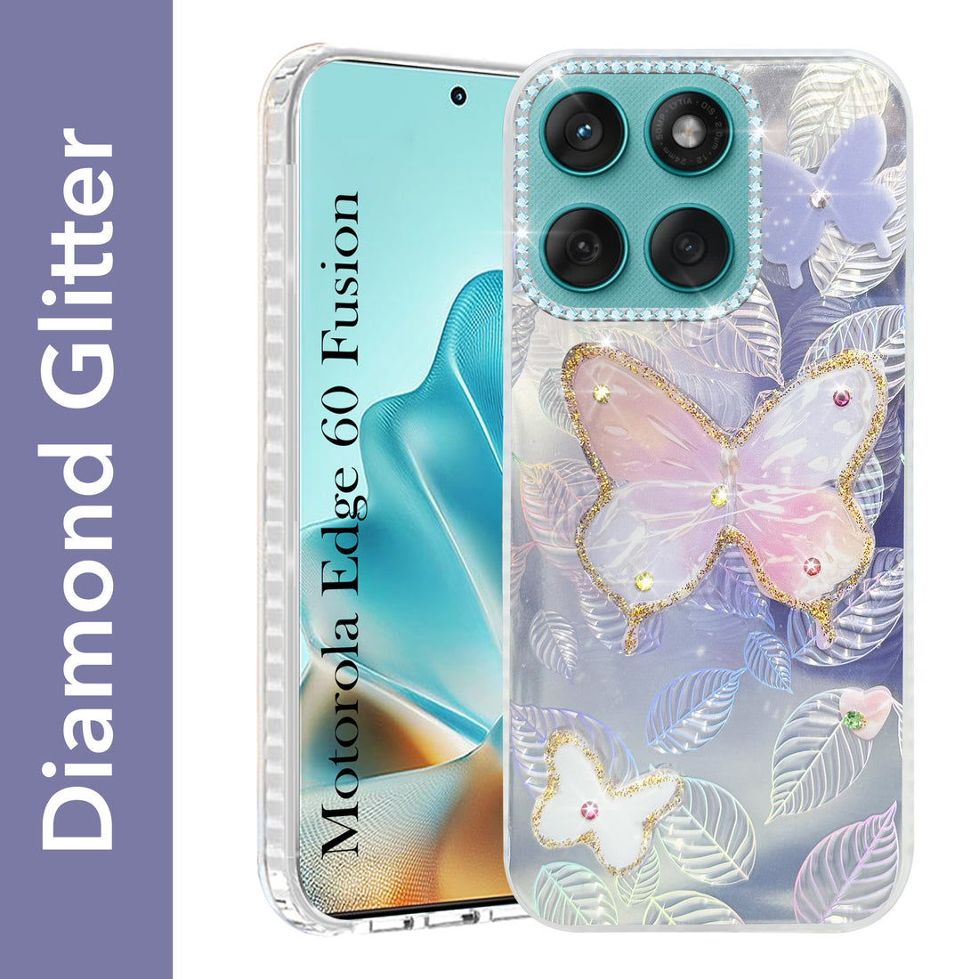 For Motorola Moto Edge 60 Fusion Back Cover Case (Luxury Floral Glitter Cute Butterfly | Diamond Studded Camera Bump | Girls & Women Design)