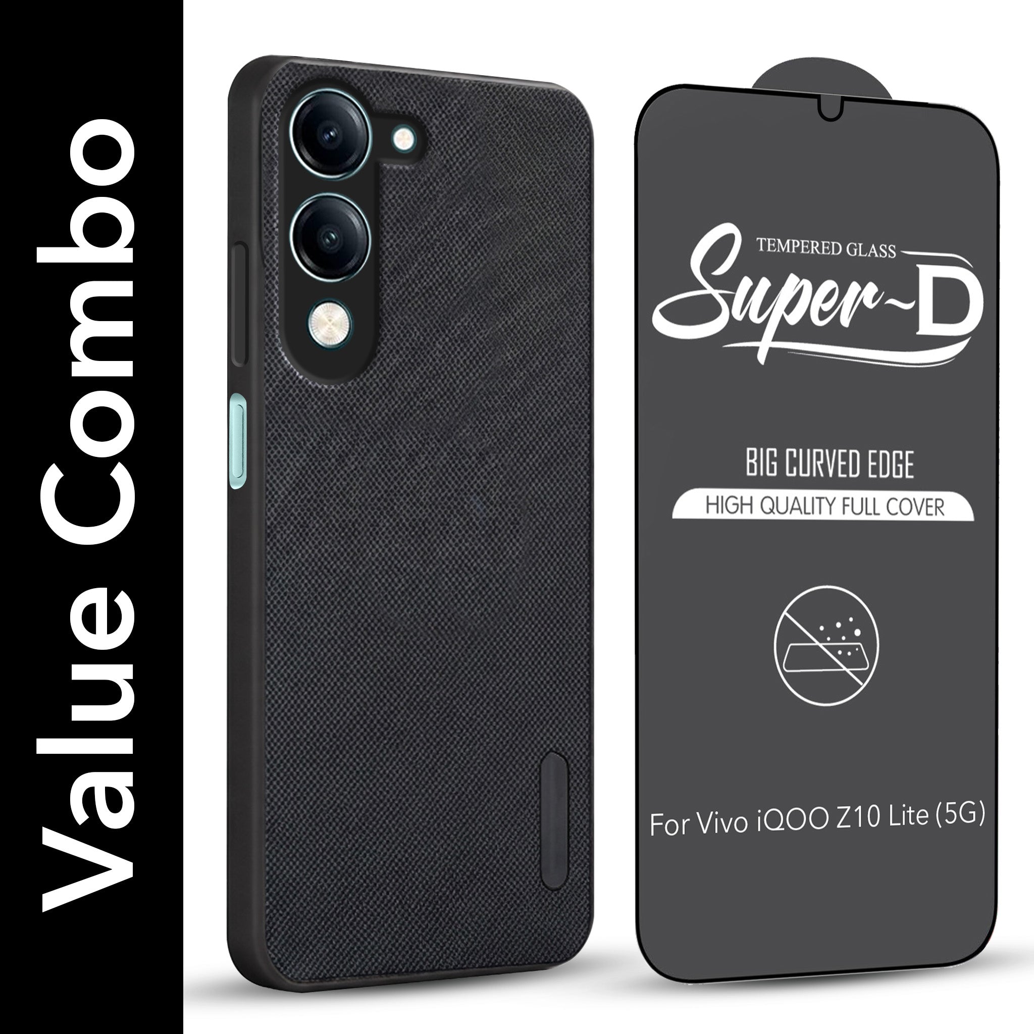 For Vivo iQOO Z10 Lite Combo (Textured Grip Design | Micro-Fiber Cloth Inside | Oleophobic Coating Screen Glass)