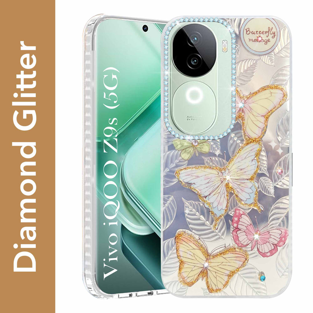 For Vivo iQOO Z9s  Back Cover Case (Luxury Floral Glitter Cute Butterfly | Diamond Studded Camera Bump | Girls & Women Design)