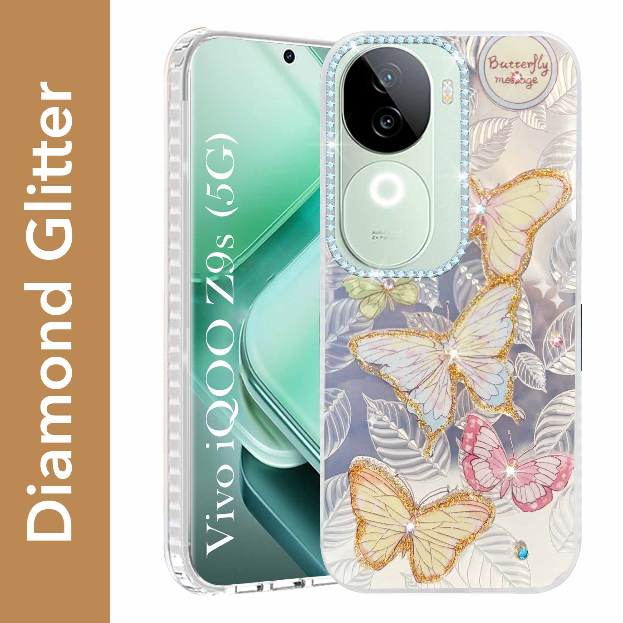 For Vivo iQOO Z9s  Back Cover Case (Luxury Floral Glitter Cute Butterfly | Diamond Studded Camera Bump | Girls & Women Design)