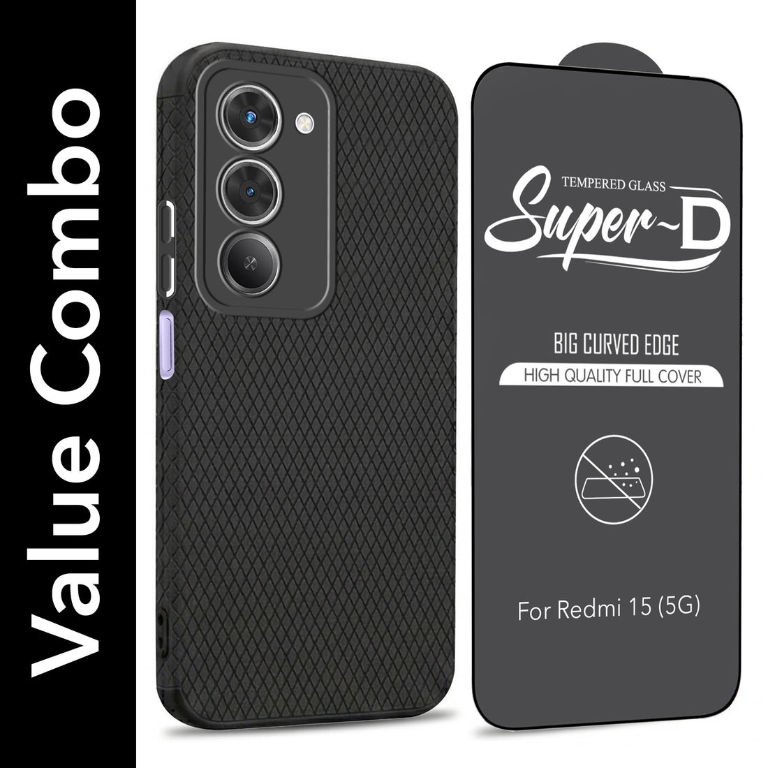 For Redmi 15 Combo with Back Cover and 9H Tempered Glass (Liquid Silicone | Camera Protection | Oleophobic Coating Screen Glass)