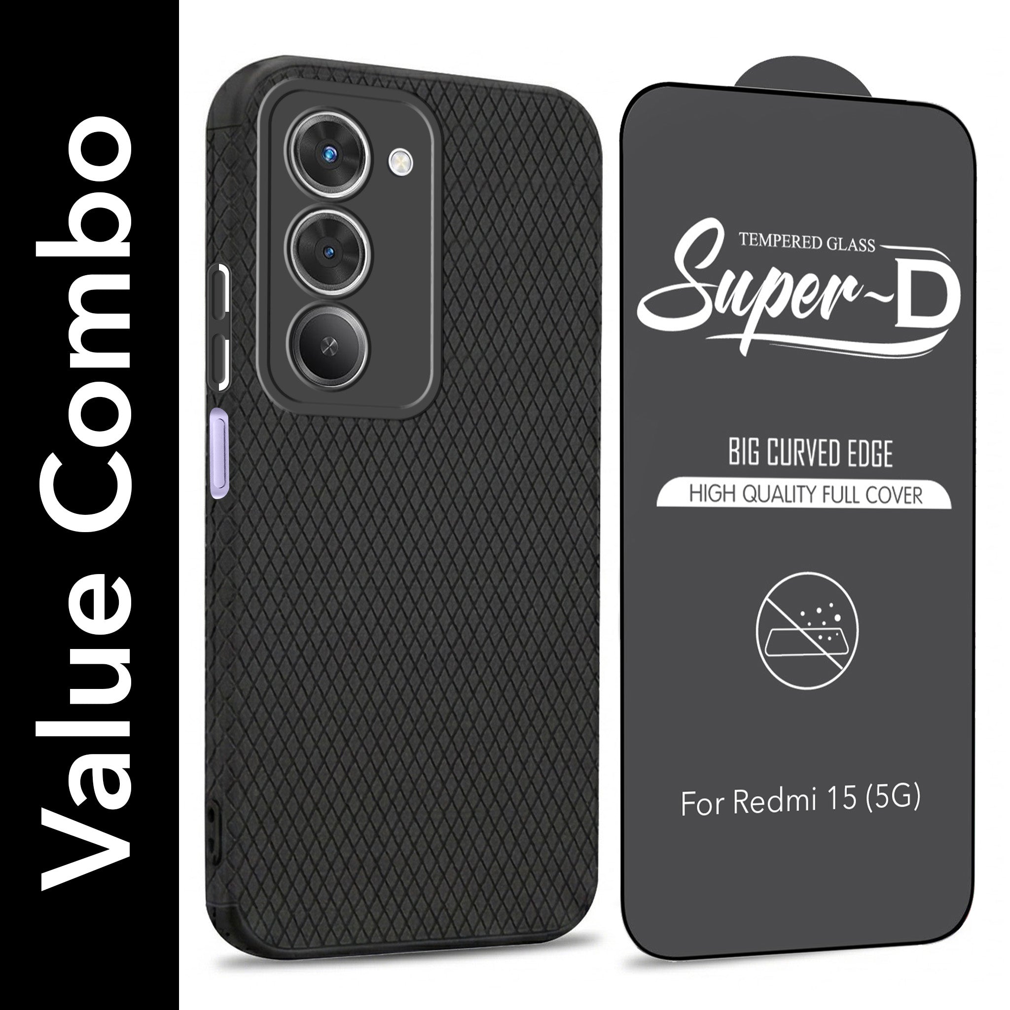 For Redmi 15 Combo with Back Cover and 9H Tempered Glass (Liquid Silicone | Camera Protection | Oleophobic Coating Screen Glass)